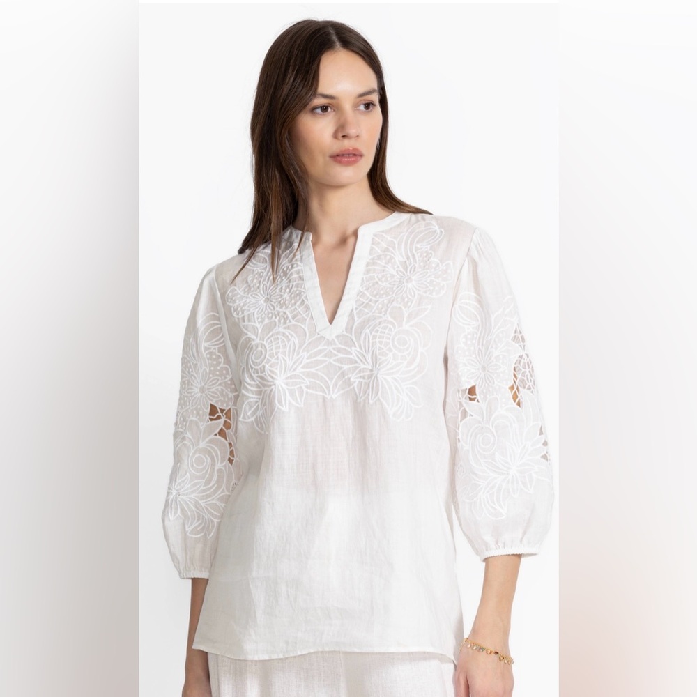 Johnny Was Jade Sadie White Embroidered Blouse